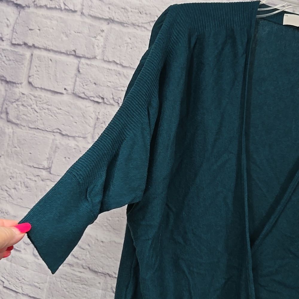 LOFT Teal Surplice Sweater Medium Wool Blend Faux Wrap 3/4 Sleeve Work Top - Picture 6 of 10